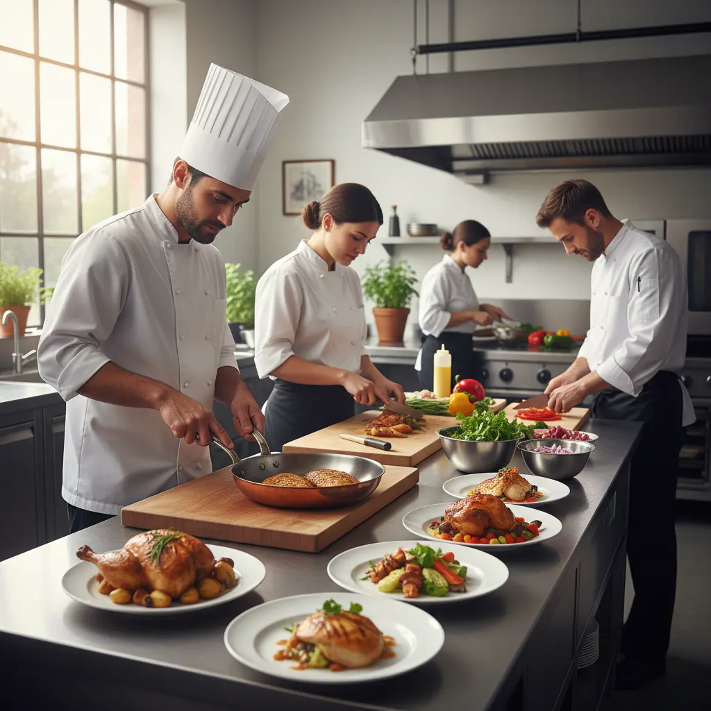 Chefs preparing fresh chicken meals in the kitchen