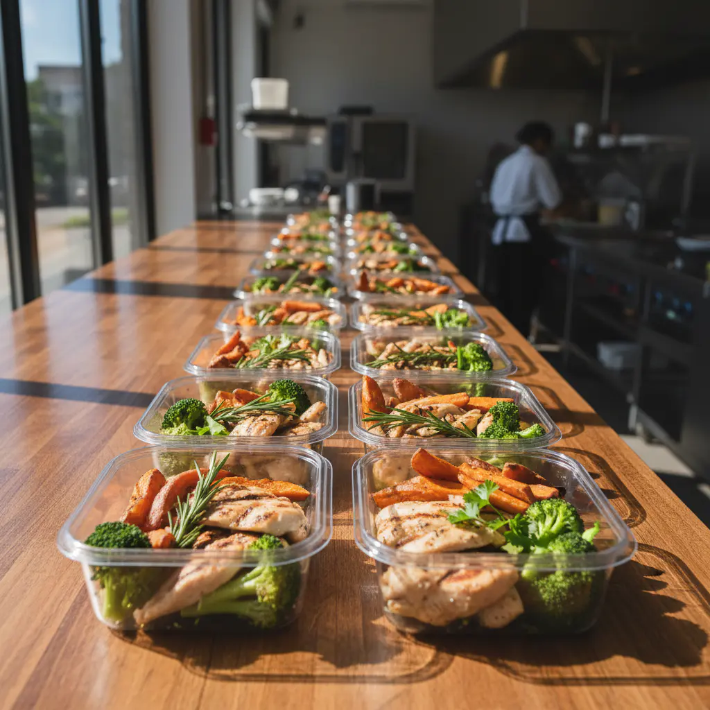 Freshly prepared chicken meal containers ready for delivery