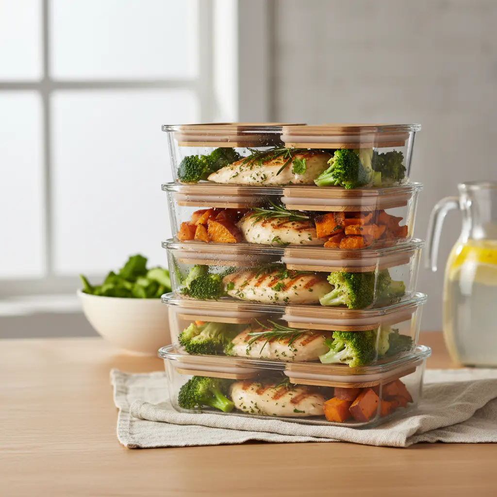 Fresh chicken meal prep boxes stacked