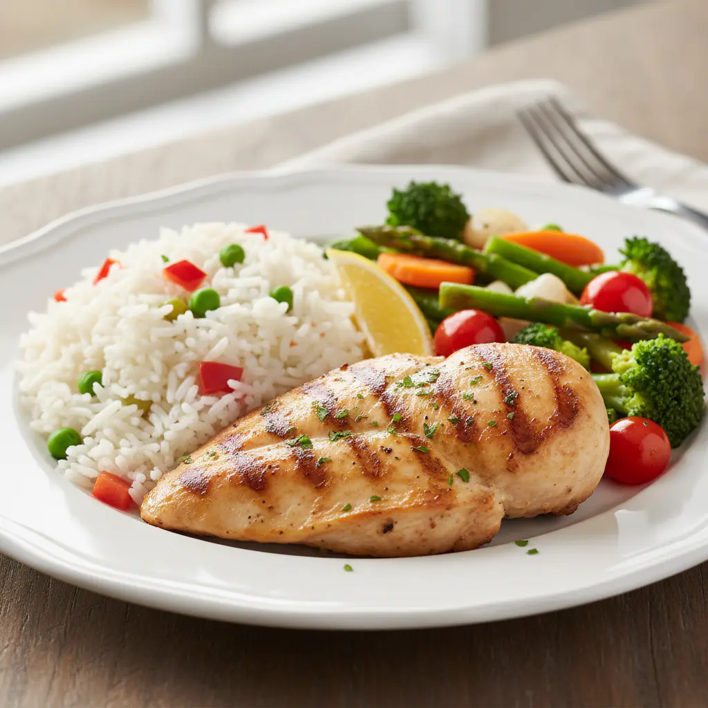 Standard chicken meal with rice and vegetables