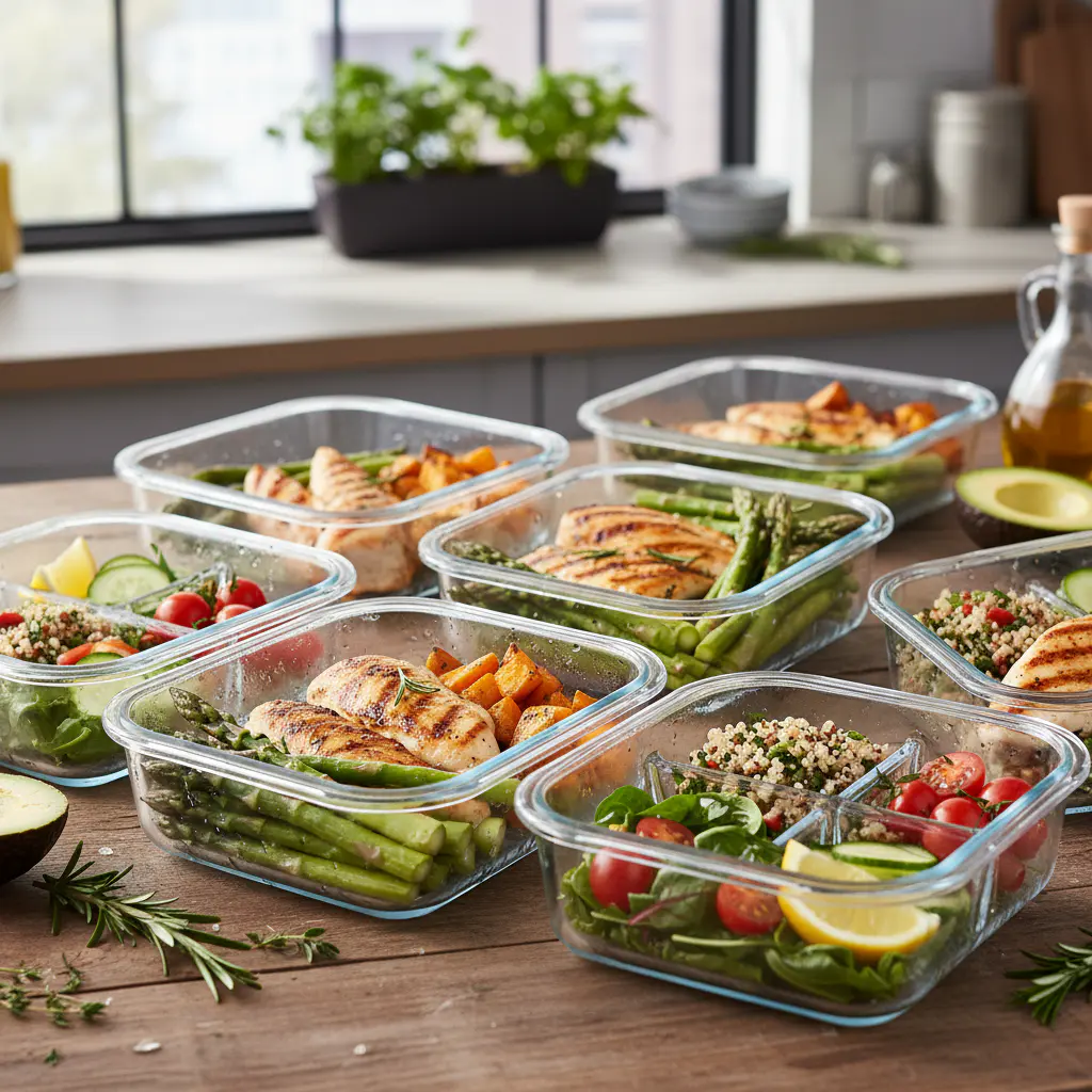 Fresh meal prep containers with grilled chicken